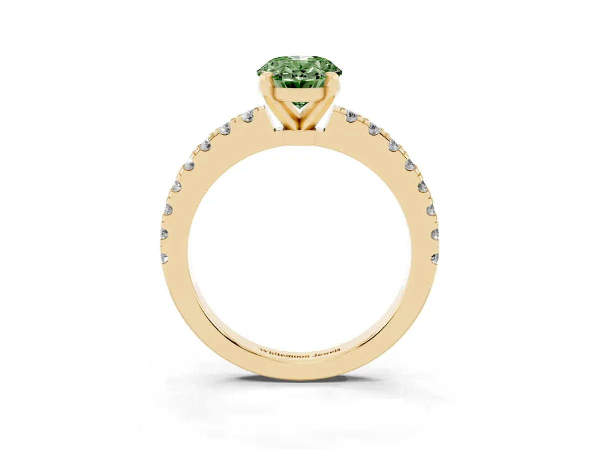 Fancy Green Oval Cut Solitaire Diamond with Pavé Band and Four-Prong Setting Yellow gold