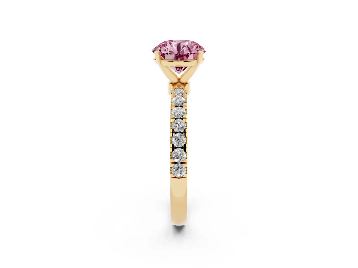 Fancy Pink Round Cut Diamond Solitaire Ring with Pavé Accents and Four-Prong Setting Yellow gold