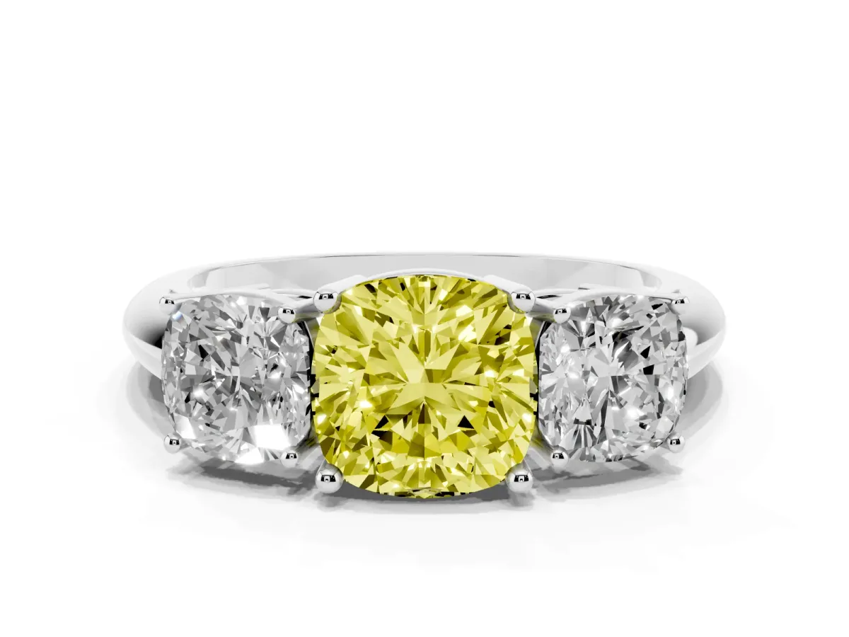 Fancy Yellow Three-Stone Cushion Cut Cut Diamond Engagement Ring with Prong Setting on a White Gold Band White gold