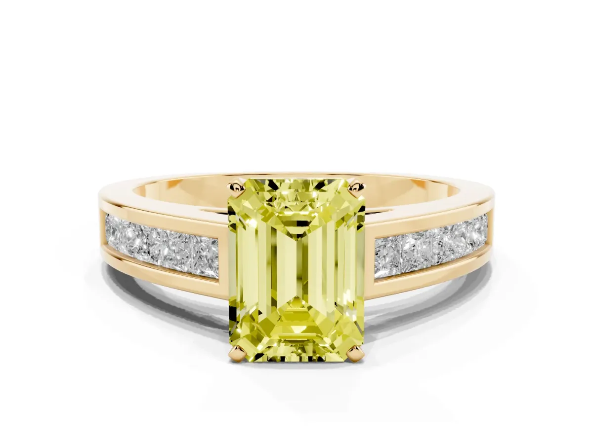Fancy Yellow Emerald Cut Solitaire Diamond Ring with Channel-Set Band and Four-Prong Setting Yellow gold