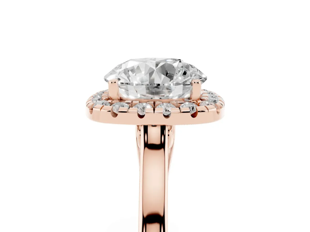 Round Cut Halo Round Diamond Solitaire Ring with Pavé Band and Four-Prong Setting Rose gold