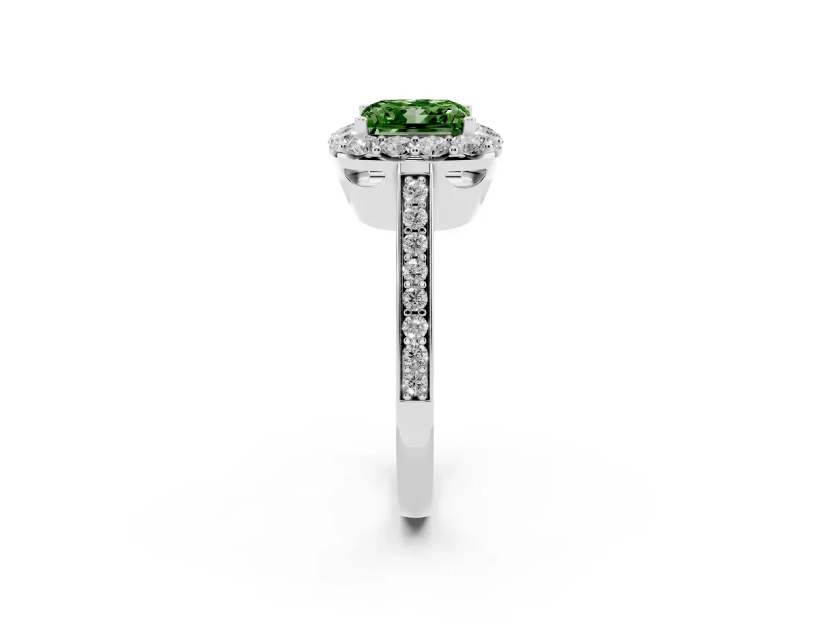 Fancy Green Princess Cut Diamond Floral Halo Ring with Pavé Band and Prong Setting White gold