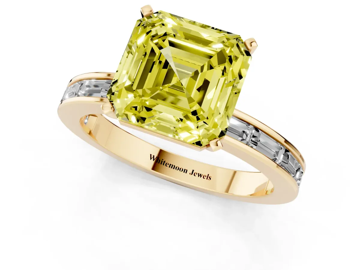 Fancy Yellow Asscher Cut Solitaire Diamond Ring with Channel-Set Baguette Band and Four-Prong Setting Yellow gold