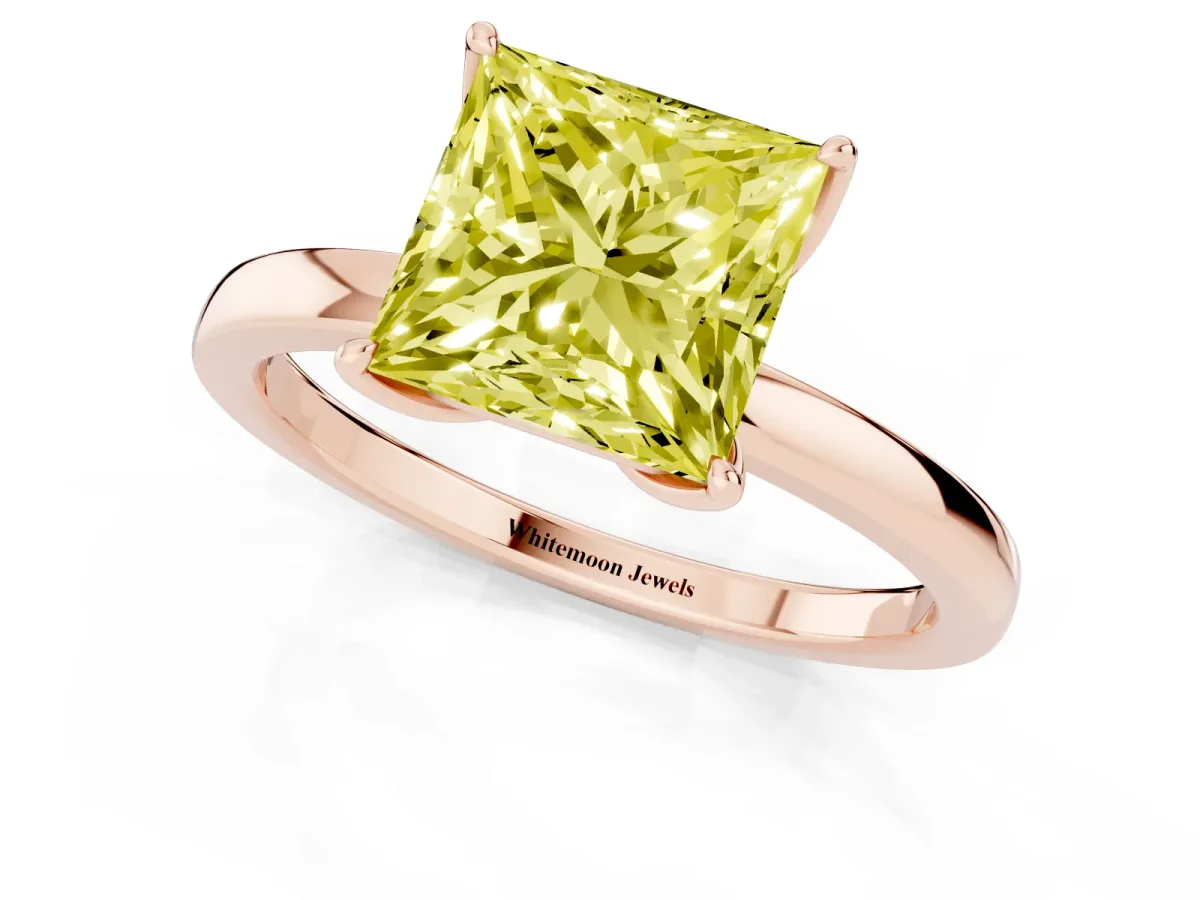 Fancy Yellow Princess Cut Diamond Solitaire Ring with Thin Band and Prong Setting Rose gold