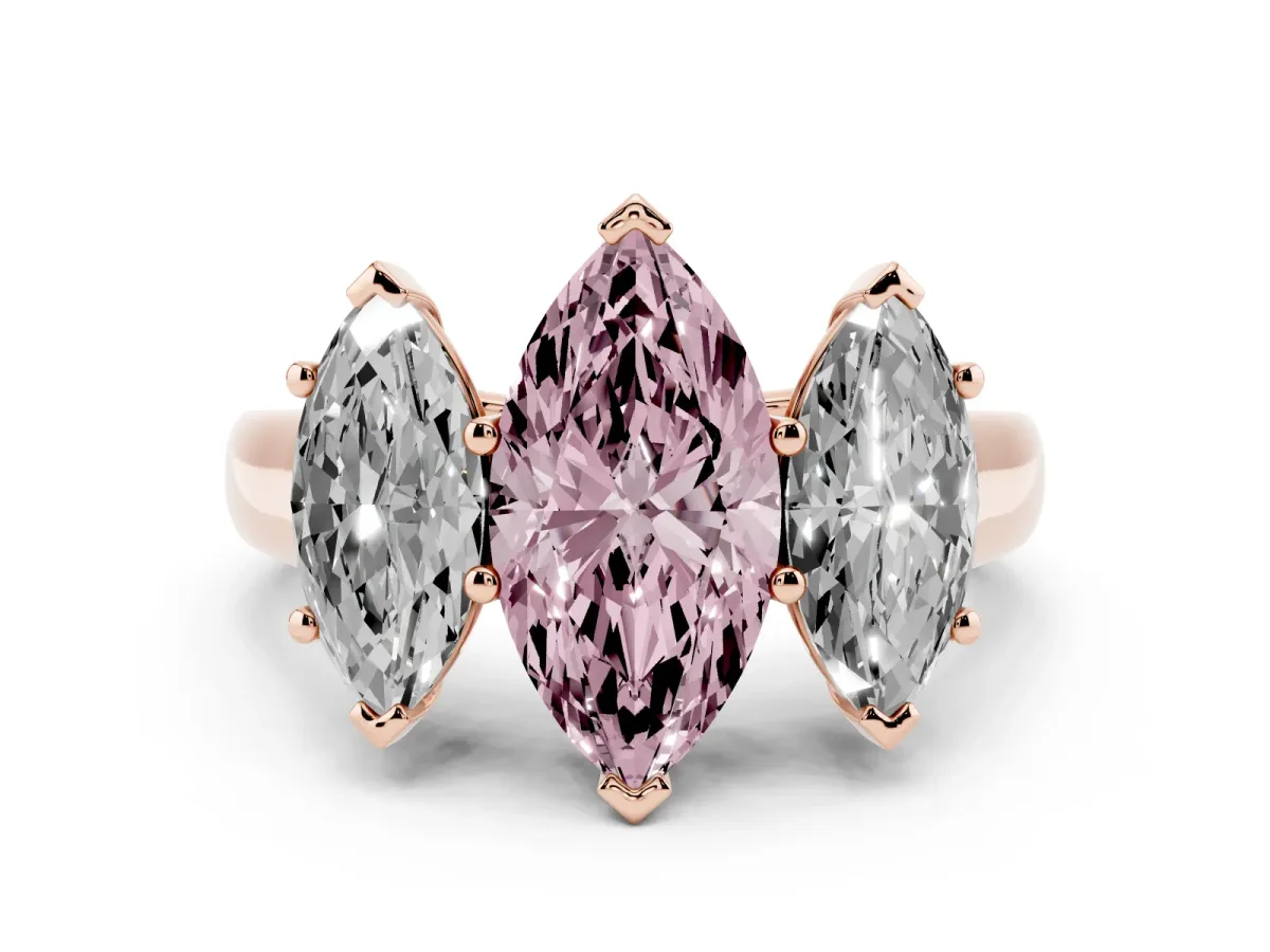 Fancy Pink Marquise Cut Three-Stone Diamond Ring with Prong Setting on a Classic Band Rose gold