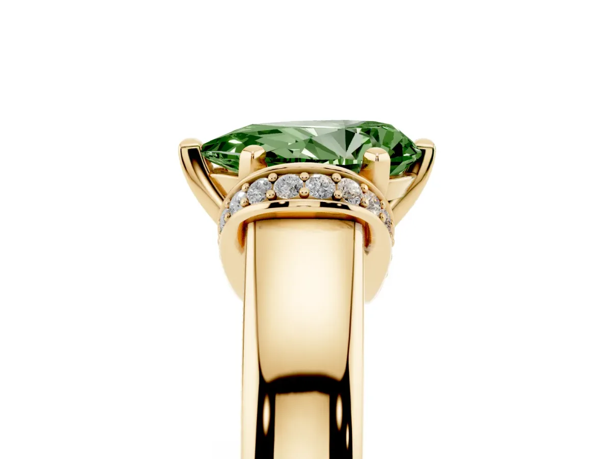 Fancy Green Pear Cut Solitaire Diamond Ring with Pave Band and Six-Prong Setting Yellow gold