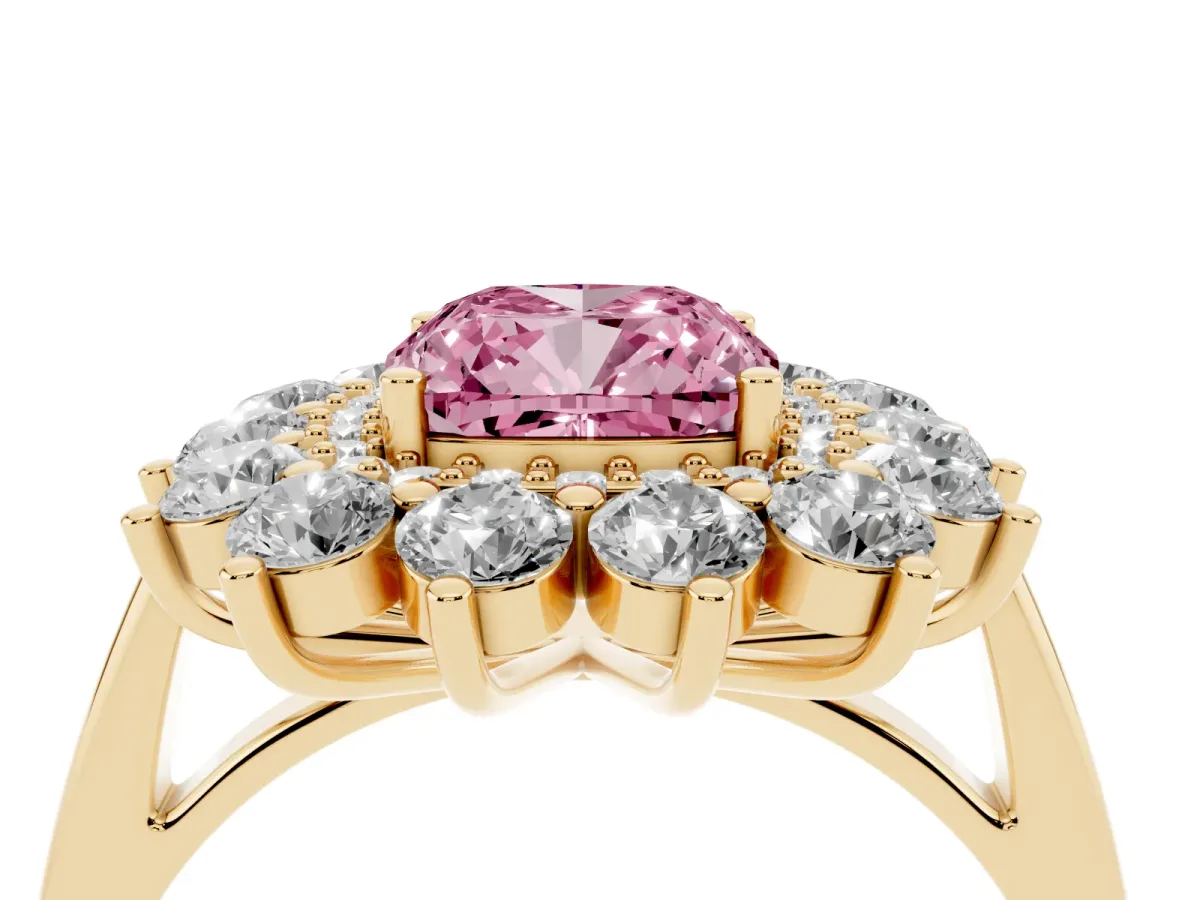 Fancy Pink Cushion Cut Diamond Floral Double Halo Engagement Ring with Prong Setting Yellow gold