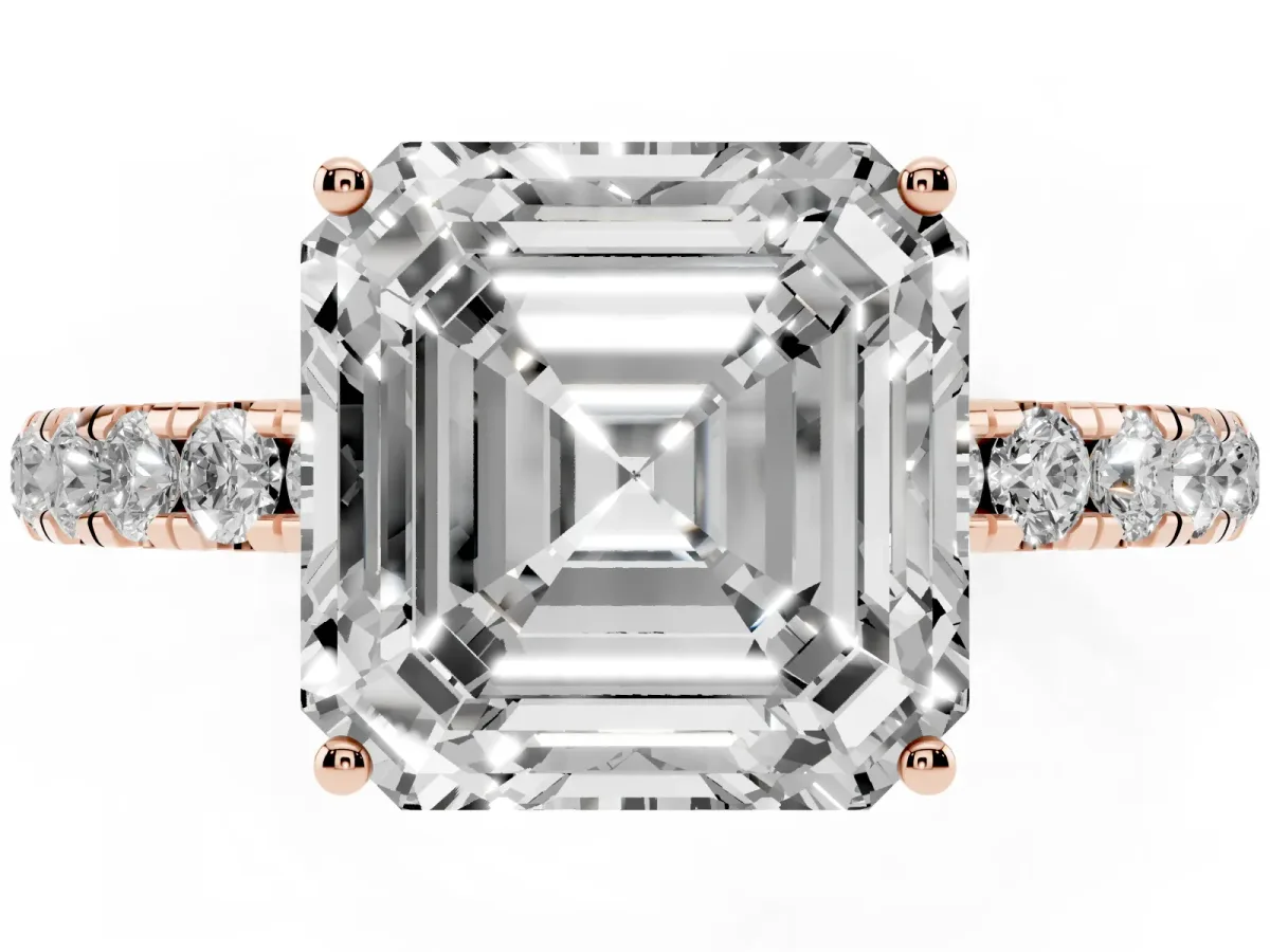 Asscher Cut Diamond Pavé Solitaire Engagement Ring with Four-Prong Setting Rose gold