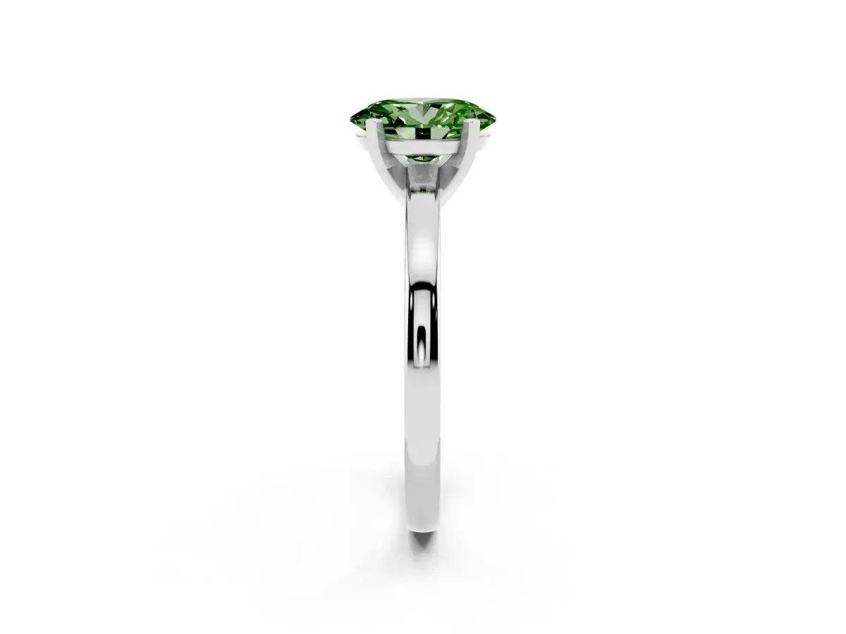 Fancy Green Oval Cut Solitaire Diamond Engagement Ring with Four-Prong Setting on a Classic Band Silver