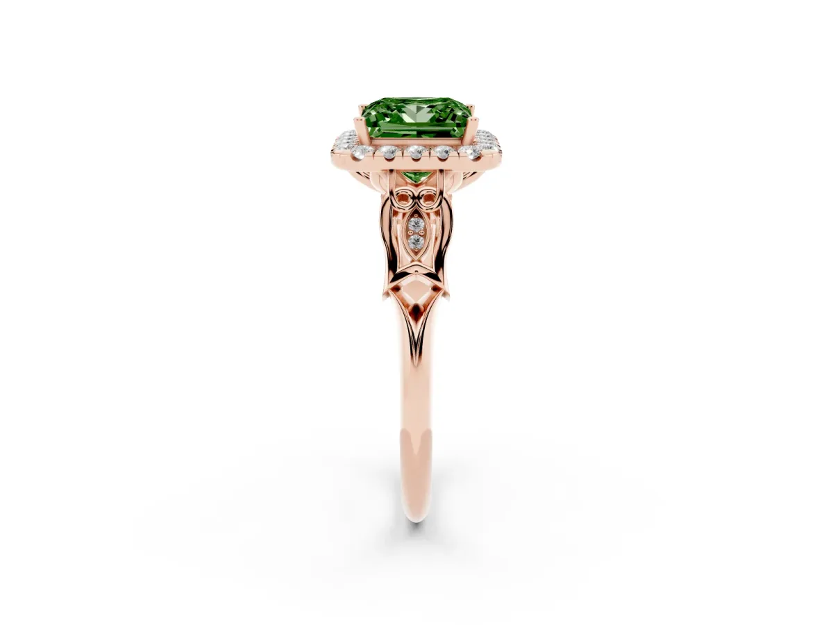 Fancy Green Princess Cut Halo Diamond Engagement Ring with Filigree Band and Four-Prong Setting Rose gold