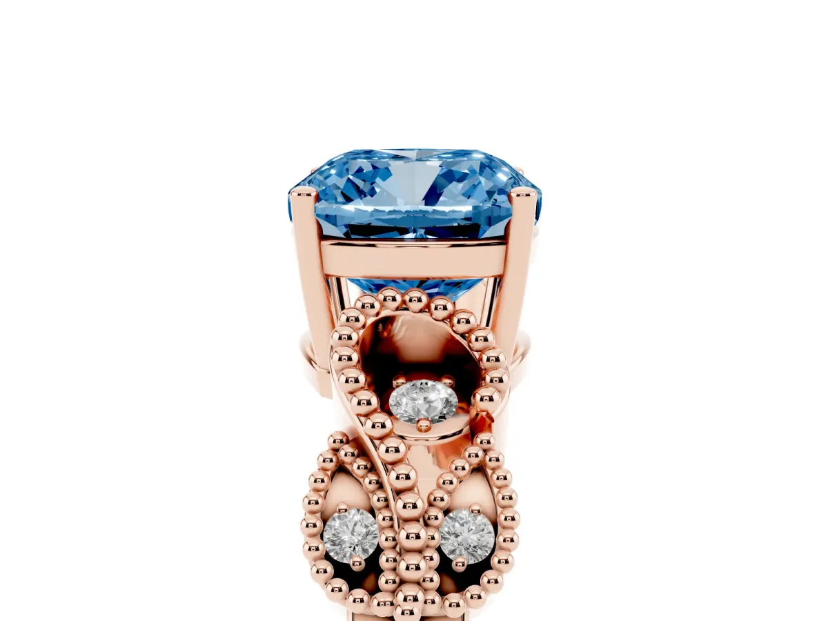 Fancy Blue Cushion Cut Solitaire Milgrain Leaf Band with Prong Setting Rose gold