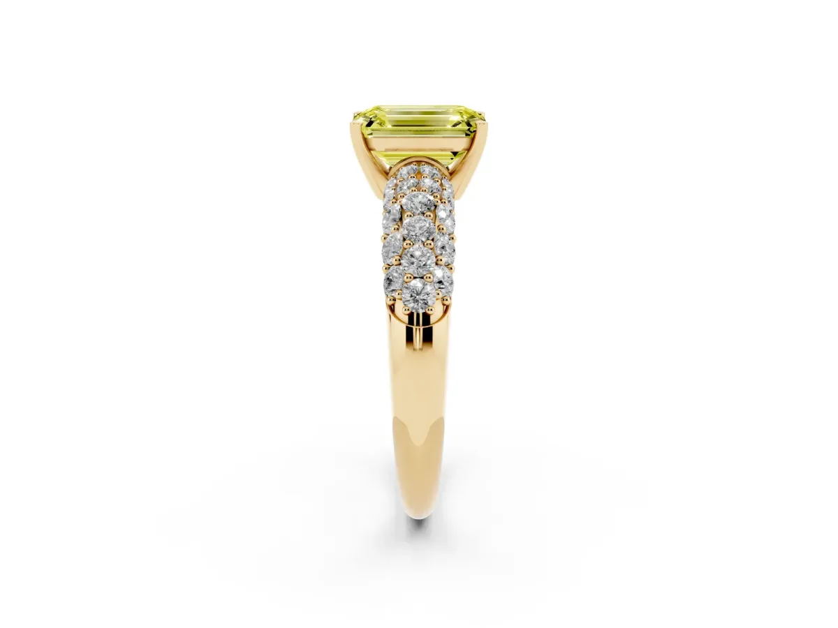 Fancy Yellow Emerald Cut Diamond Pavé Band Solitaire Ring with Four-Prong Setting Yellow gold