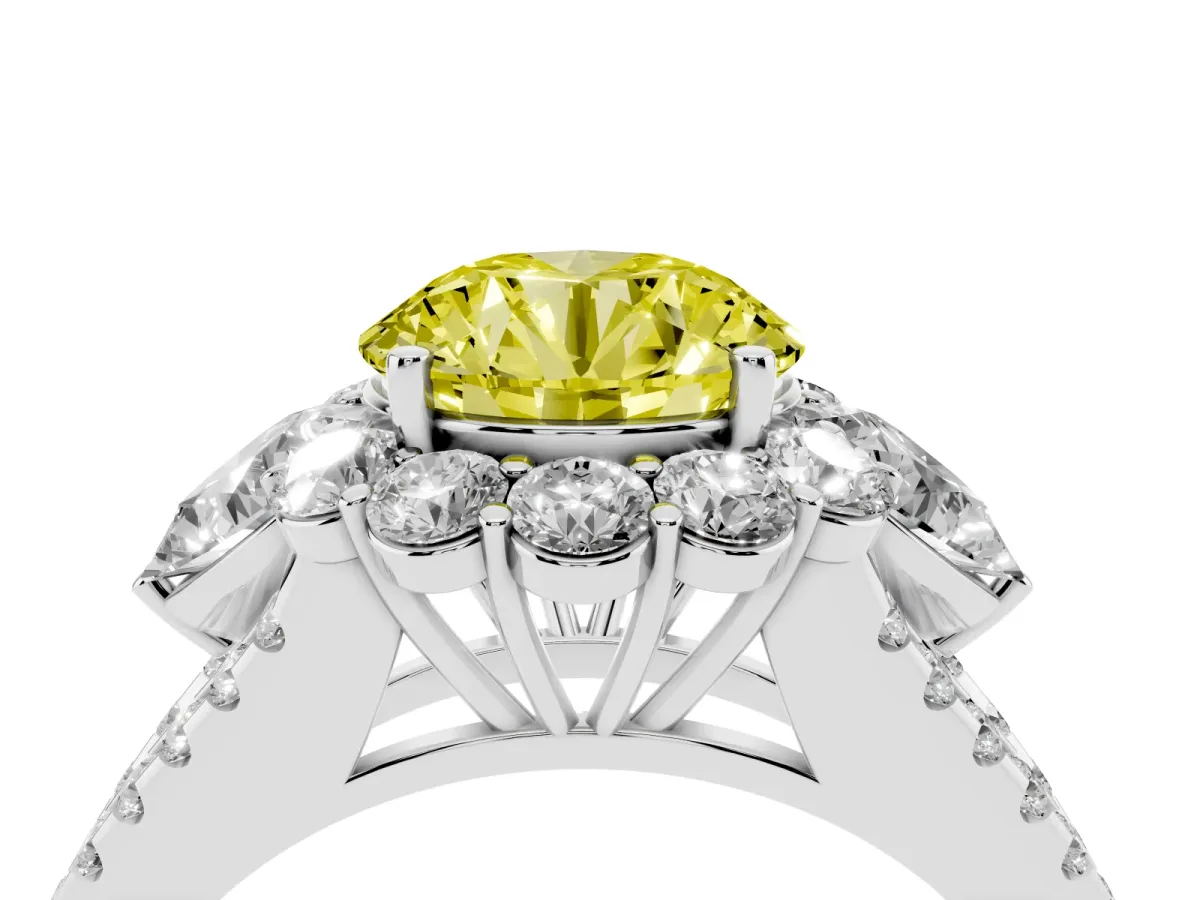 Fancy Yellow Round Cut Halo Split Shank Diamond Engagement Ring with Prong Setting Silver
