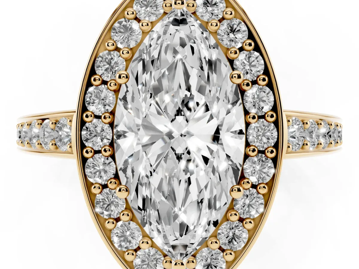 Marquise Cut Halo Pavé Diamond Engagement Ring with Bezel Setting Yellow gold