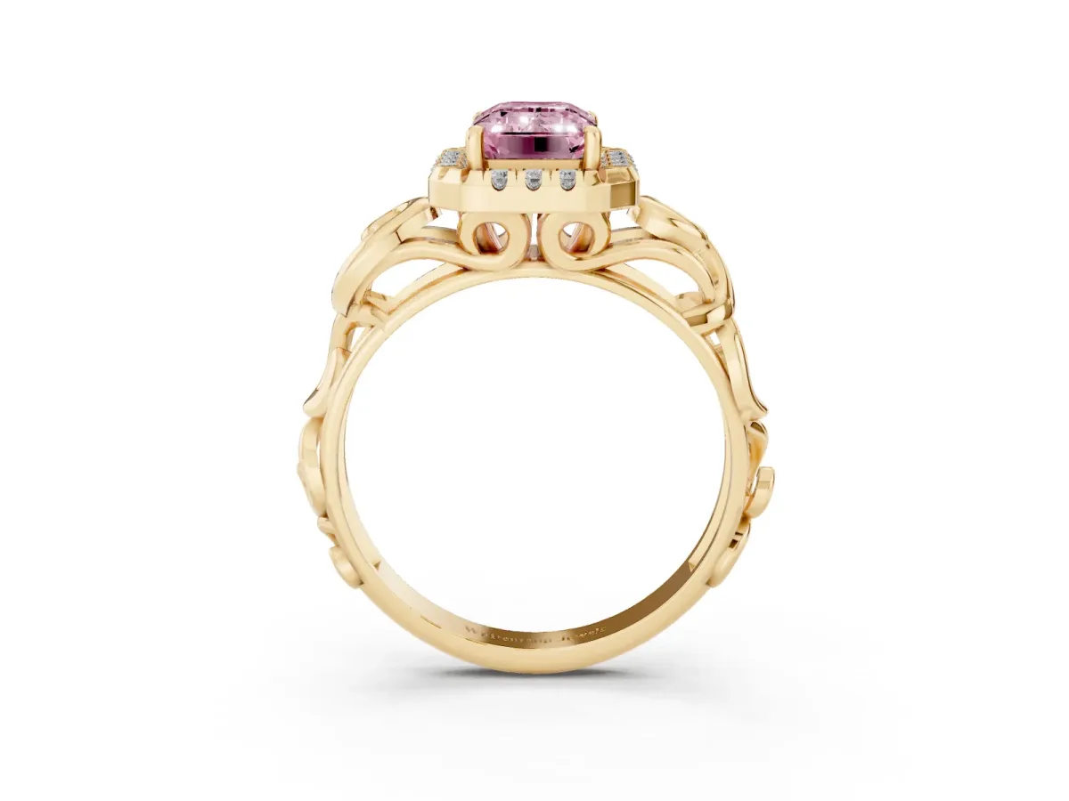 Fancy Pink Emerald Cut Cut Halo Diamond Ring with Scrollwork Band and Four-Prong Setting Yellow gold