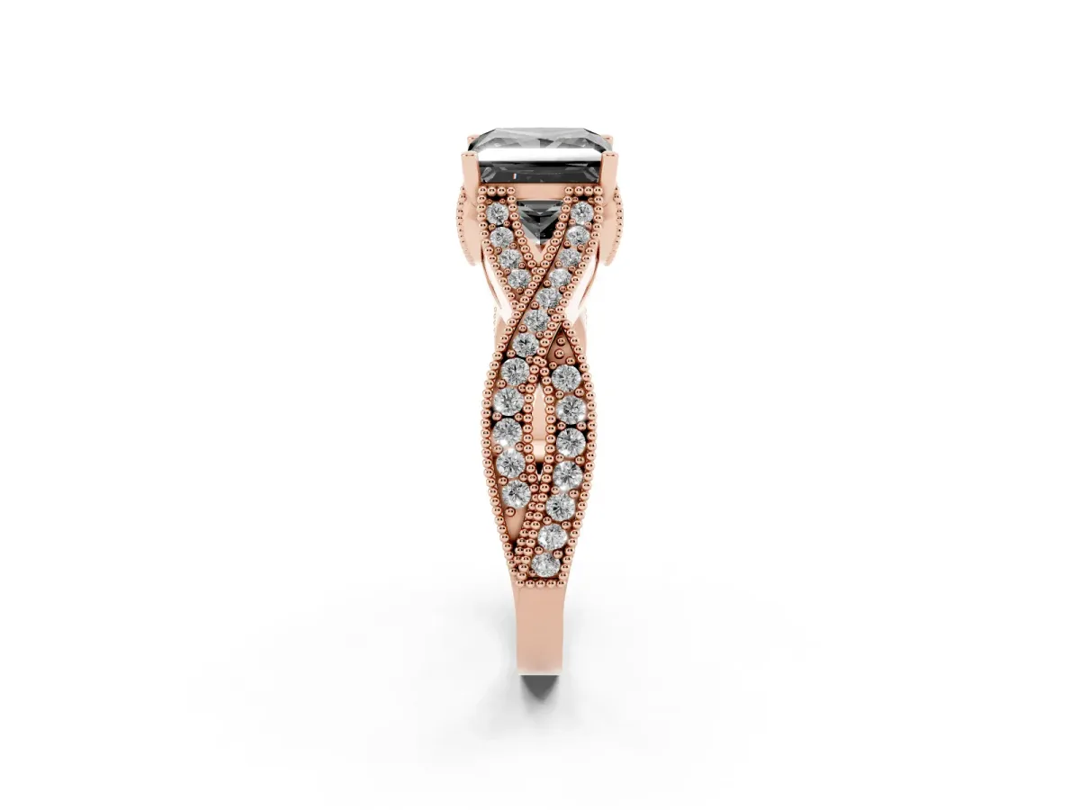 Fancy Black Princess Cut Cut Diamond Twisted Band with Milgrain Pave Setting and Four-Prong Setting Rose gold