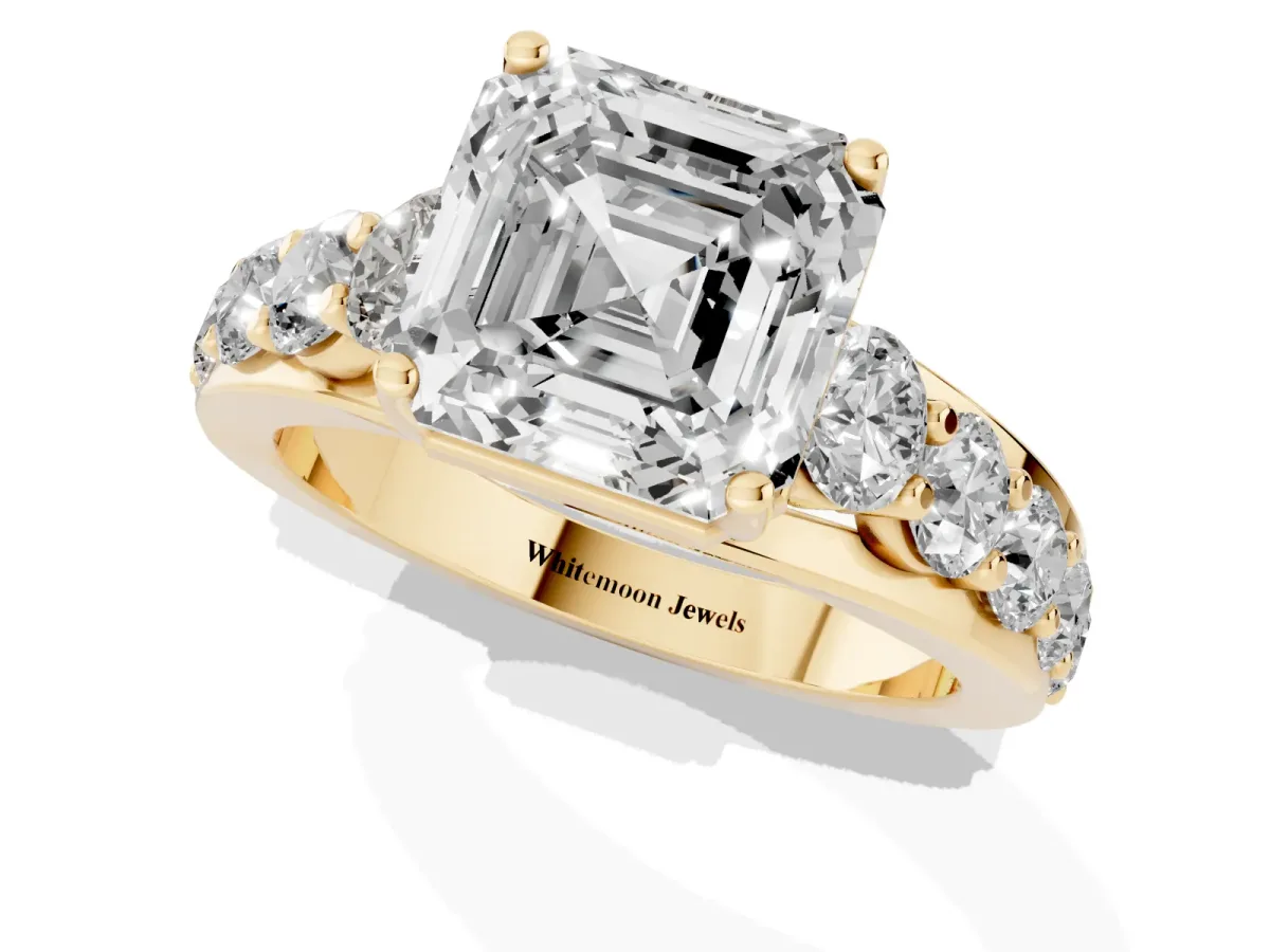 Asscher Cut Diamond Engagement Ring with Pavé Band and Four-Prong Setting Yellow gold