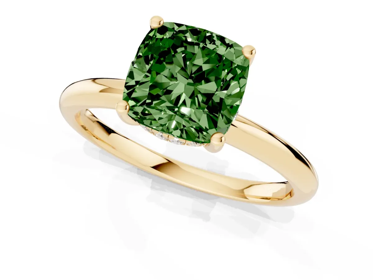 Fancy Green Cushion Cut Cut Solitaire Engagement Ring with Four-Prong Setting and Classic Band Yellow gold