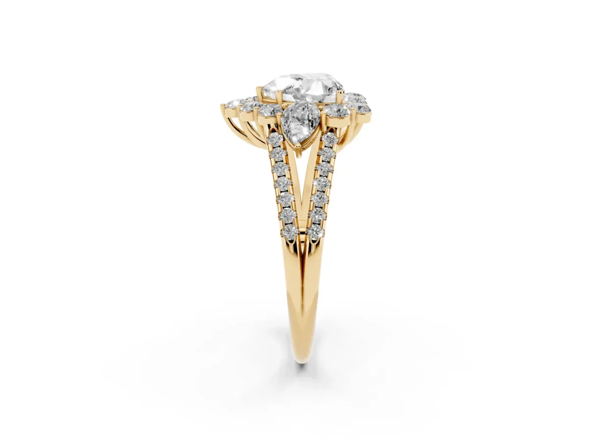 Heart Cut Halo Split Shank Diamond Engagement Ring with Prong Setting Yellow gold