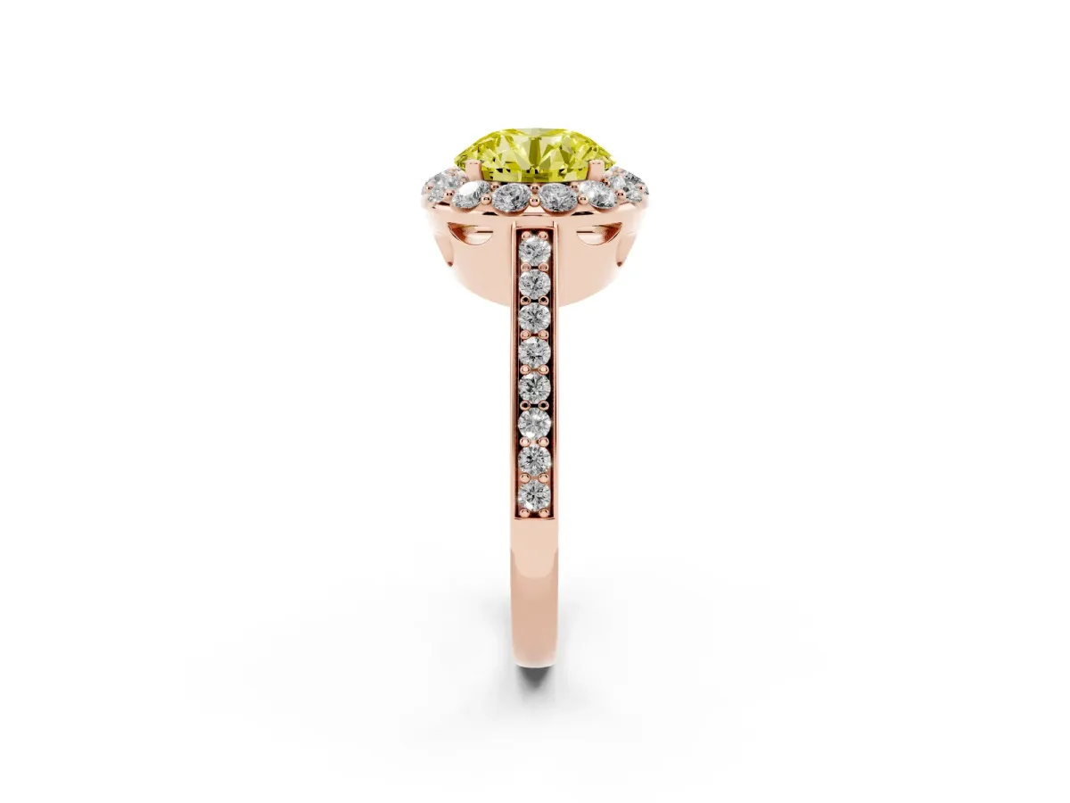 Fancy Yellow Round Cut Diamond Floral Halo Ring with Pavé Band and Prong Setting Rose gold