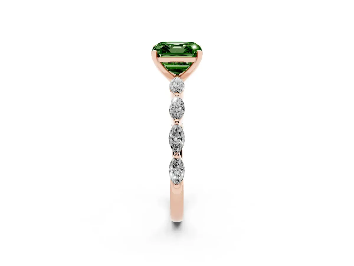 Fancy Green Asscher Cut Diamond Ring with Marquise Side Stones and Prong Setting Rose gold