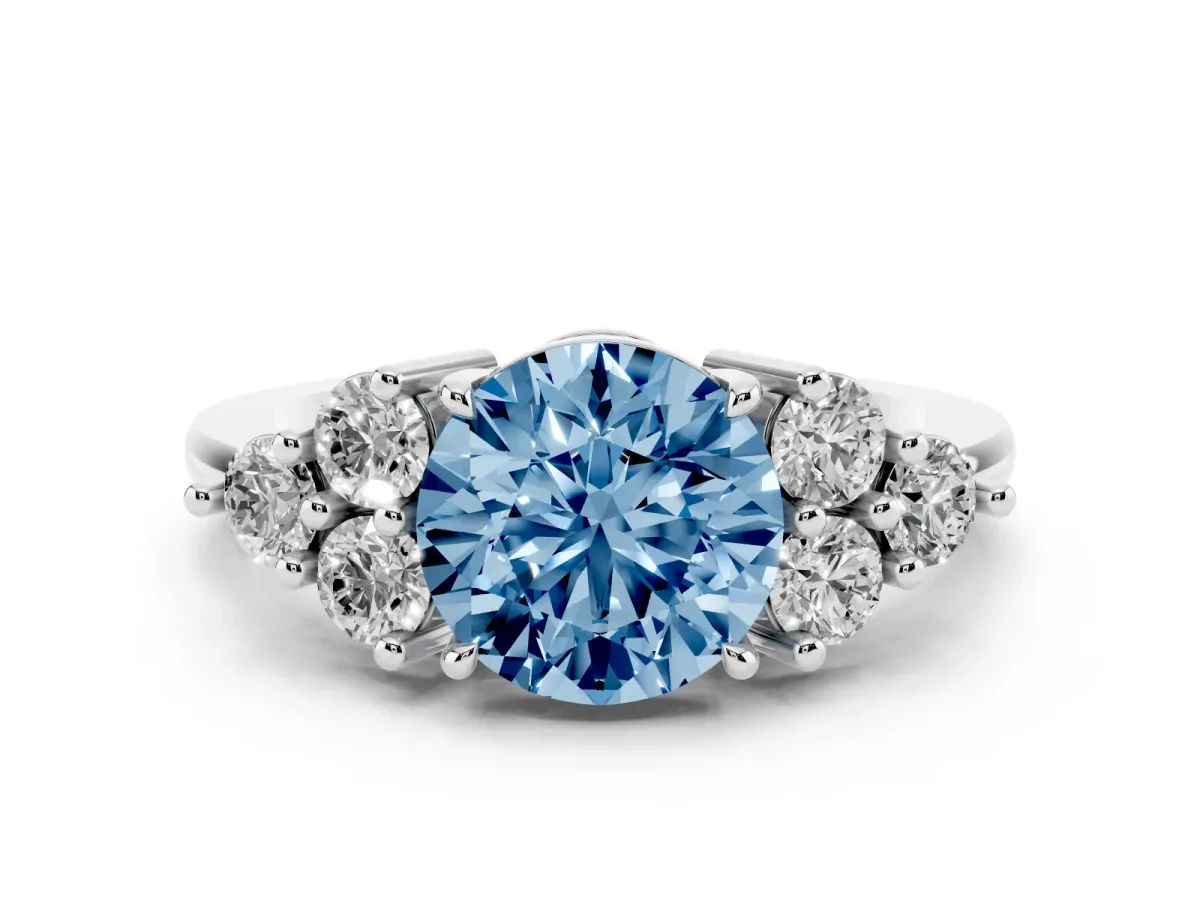 Fancy Blue Round Cut Brilliant Diamond Cluster Accent Solitaire Ring with Prong Setting Platinum