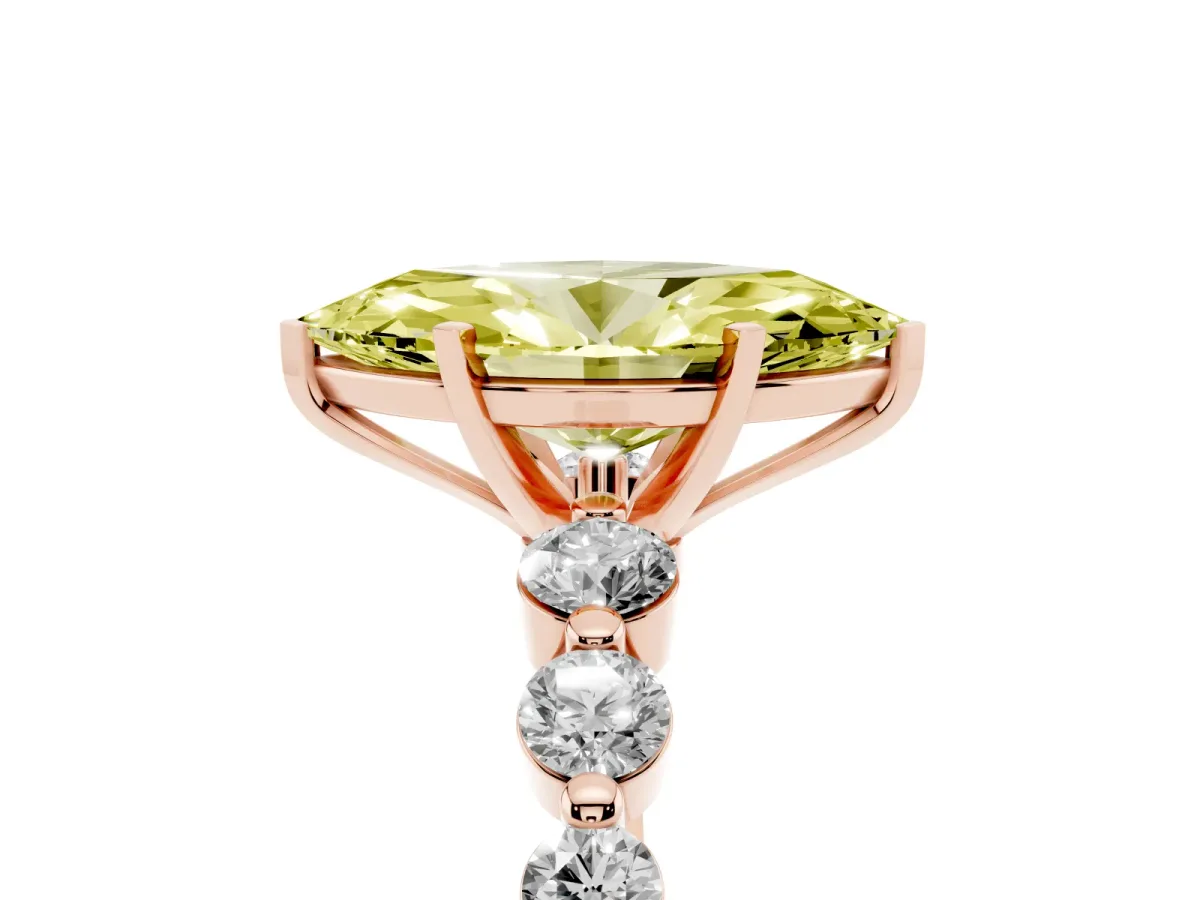 Fancy Yellow Marquise Cut Solitaire Diamond Ring with Pave Band and Four-Prong Setting Rose gold