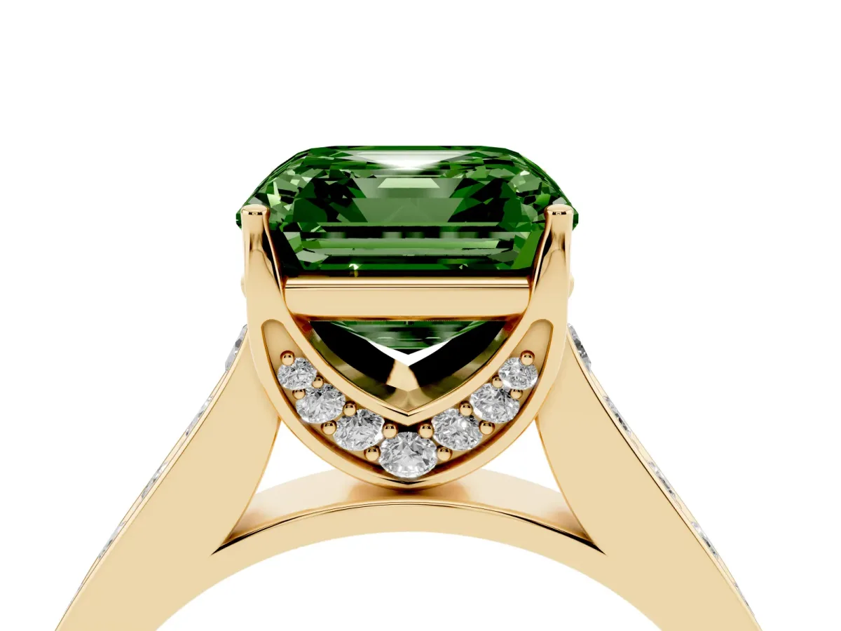 Fancy Green Asscher Cut Brilliant Cut Diamond Engagement Ring with Pavé Band and Four-Prong Setting Yellow gold