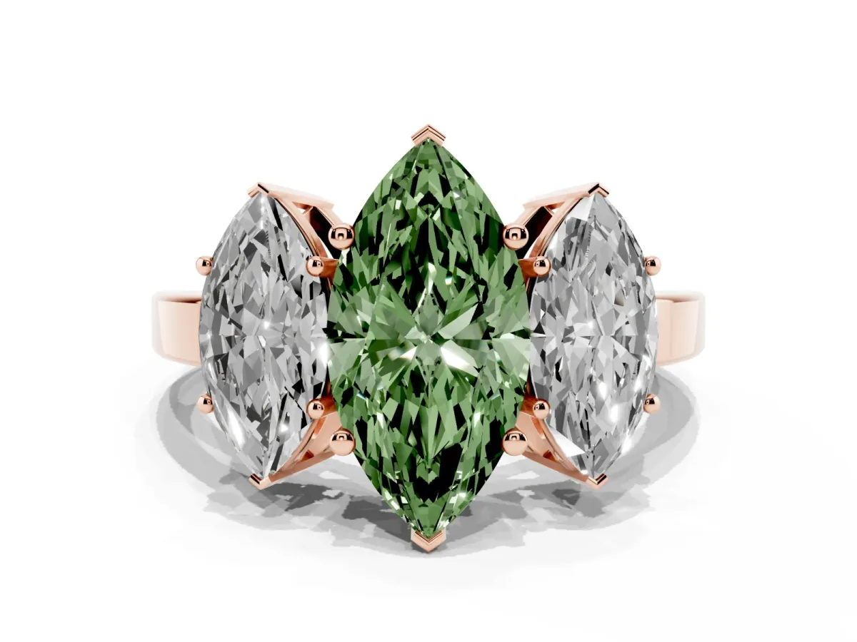 Fancy Green Three-Stone Marquise Cut Cut Diamond Engagement Ring with Flat Band and Four-Prong Setting Rose gold