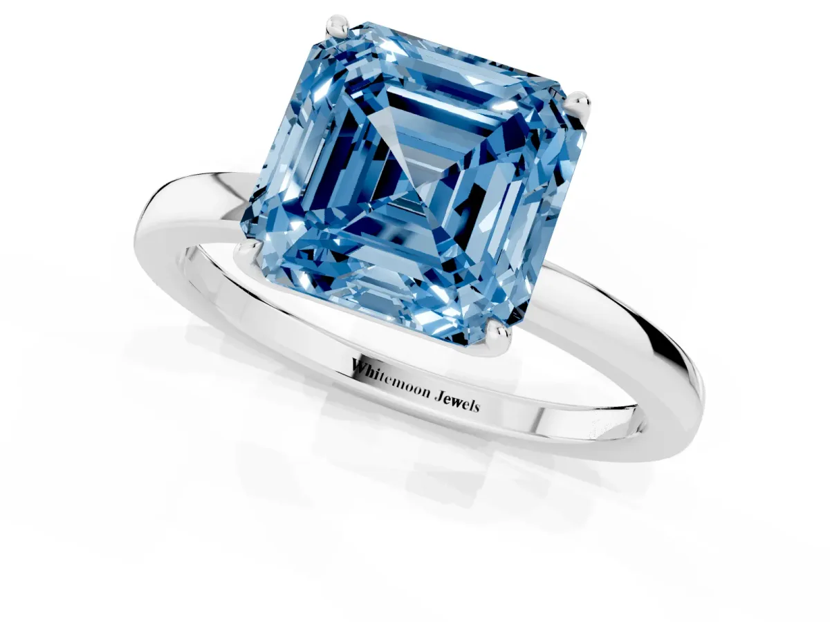 Fancy Blue Asscher Cut Diamond Solitaire Ring with Thin Band and Prong Setting Silver