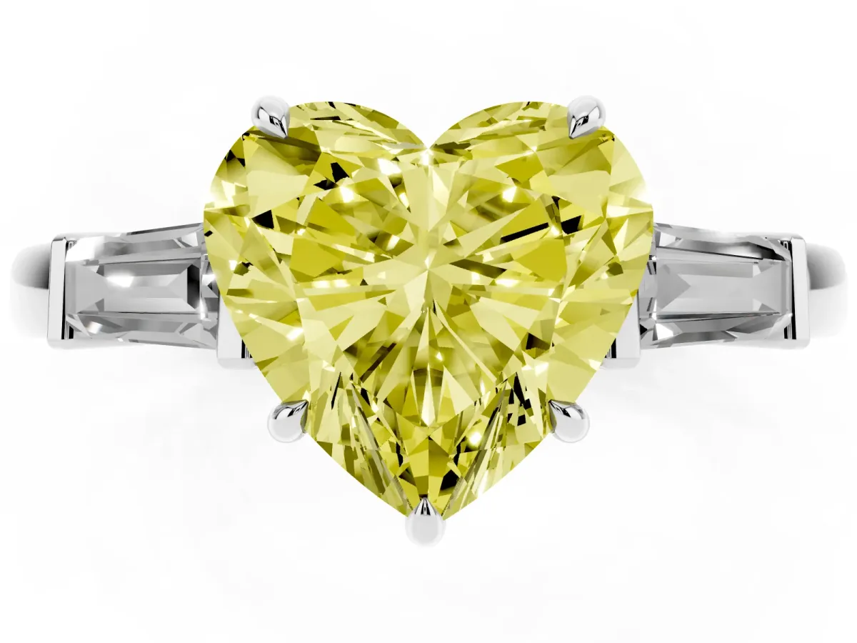 Fancy Yellow Heart Cut Diamond Three-Stone Ring with Tapered Baguette Side Stones and Prong Setting White gold