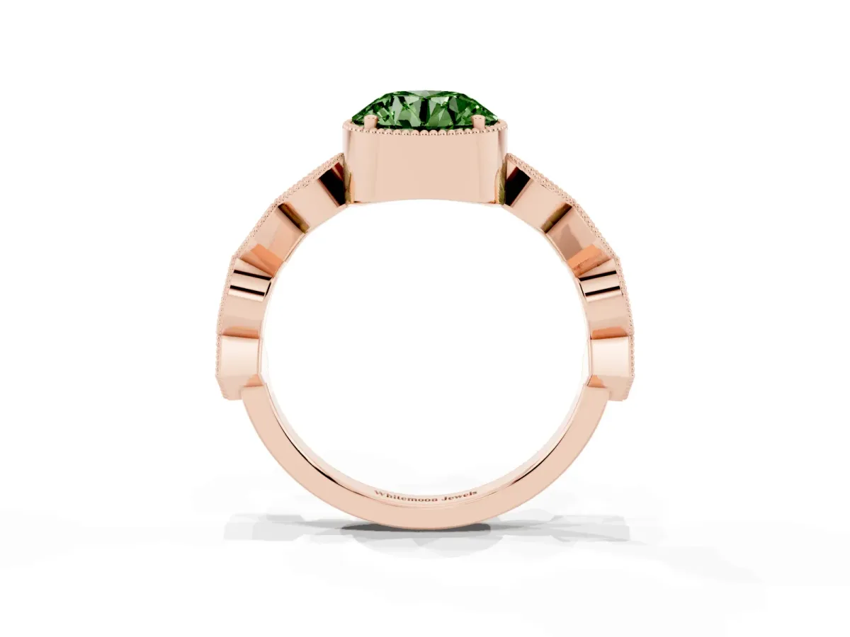 Fancy Green Round Cut Milgrain Marquise Diamond Twist Band Ring Rose gold