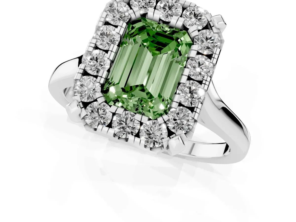 Fancy Green Emerald Cut Diamond Cluster Halo Solitaire with Four-Prong Setting Platinum
