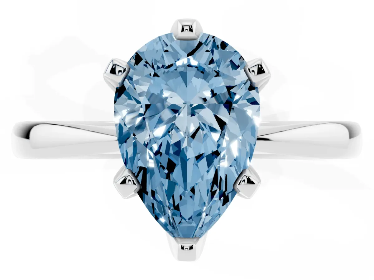 Fancy Blue Pear Cut Solitaire Engagement Ring with Six-Prong Setting and Tapered Band Platinum