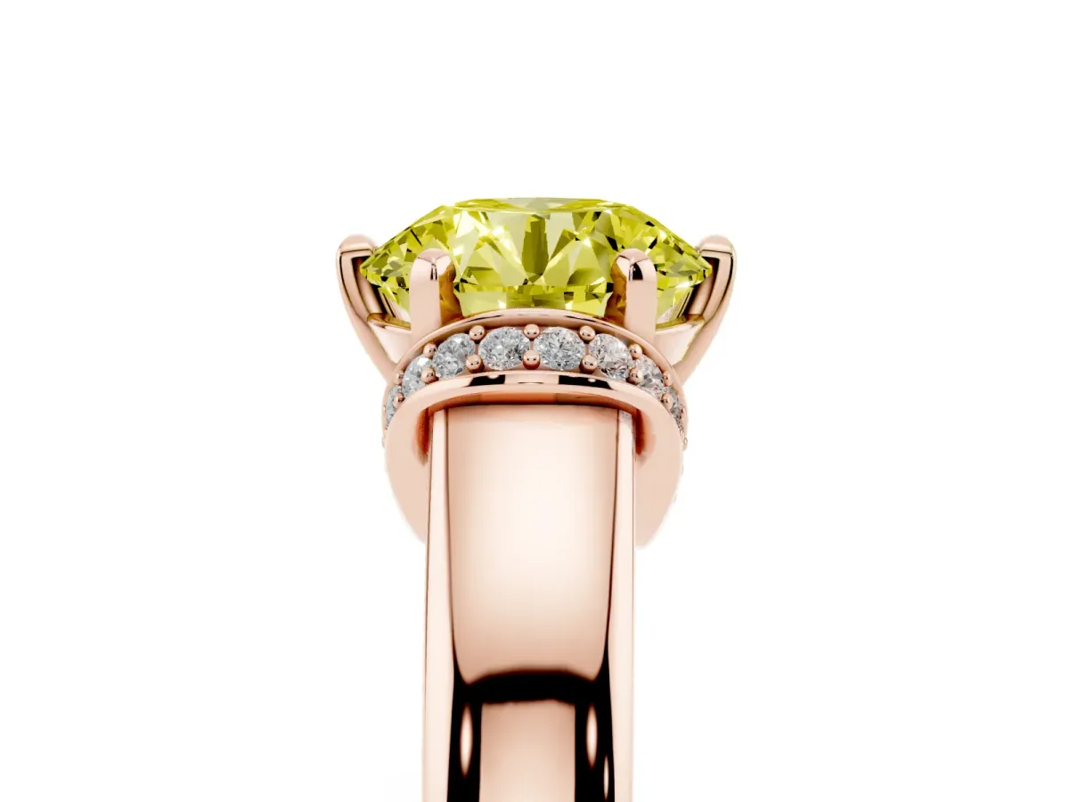 Fancy Yellow Round Cut Solitaire Diamond Ring with Pave Band and Six-Prong Setting Rose gold
