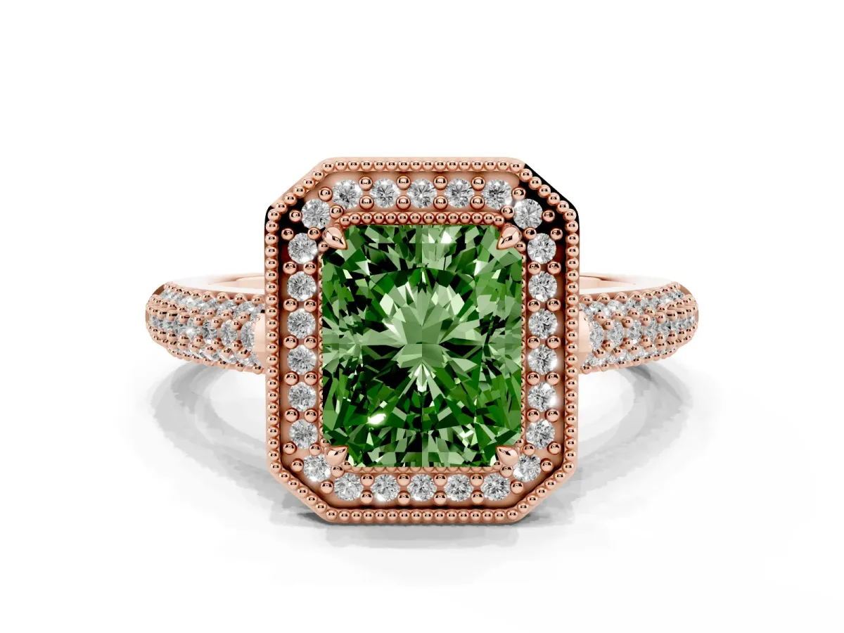 Fancy Green Radiant Cut Cut Halo Diamond Pave Band with Four-Prong Setting Rose gold