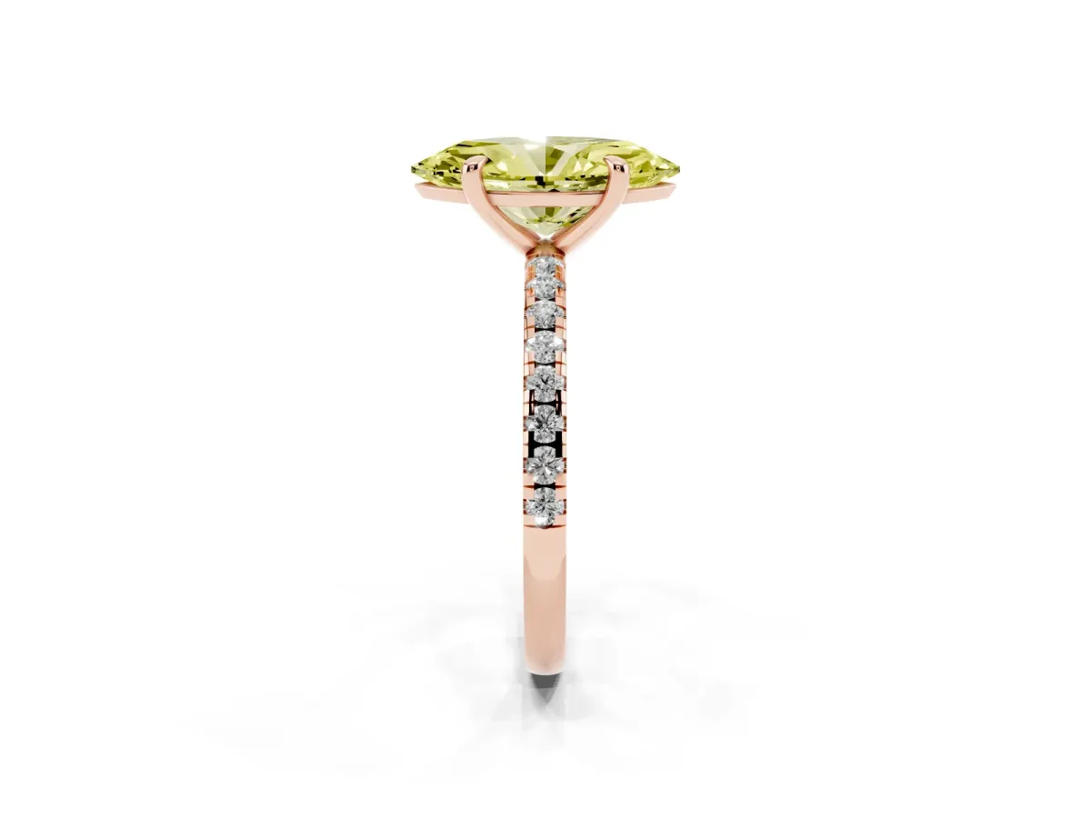 Fancy Yellow Marquise Cut Diamond Brilliant Solitaire Ring with Pavé Band and Four-Prong Setting Rose gold