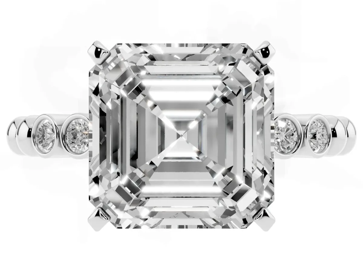 Asscher Cut Solitaire Bezel Accent Diamond Engagement Ring with Beaded Band and Four-Prong Setting Silver