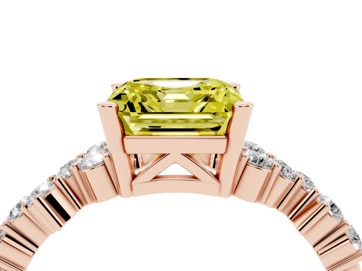 Fancy Yellow Asscher Cut Diamond Scattered Round Accent Ring with Prong Setting Rose gold
