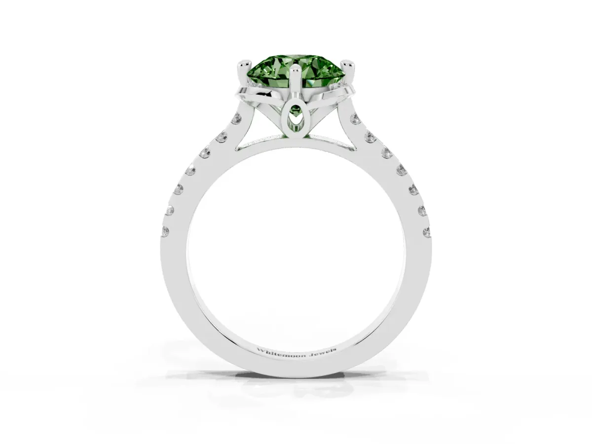 Fancy Green Round Cut Diamond Ring with Pavé Band and Floral Prong Setting Silver