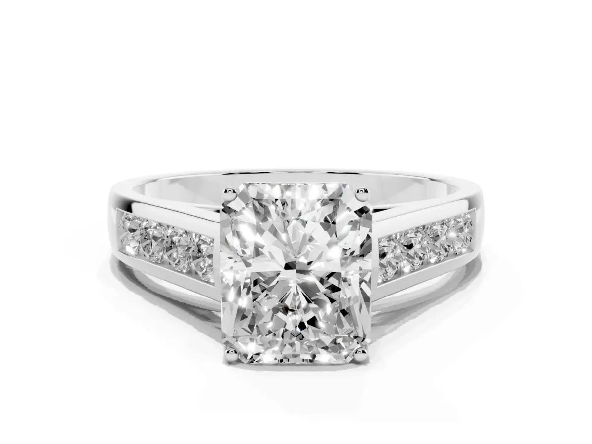 Radiant Cut Solitaire Channel-Set Diamond Engagement Ring with Four-Prong Setting Silver