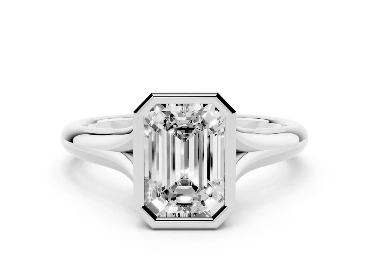 Bezel Set Emerald Cut Solitaire Diamond Ring with Smooth Band Silver