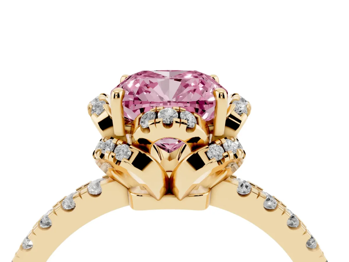 Fancy Pink Cushion Cut Halo Diamond Pave Band Ring with Four-Prong Setting Yellow gold