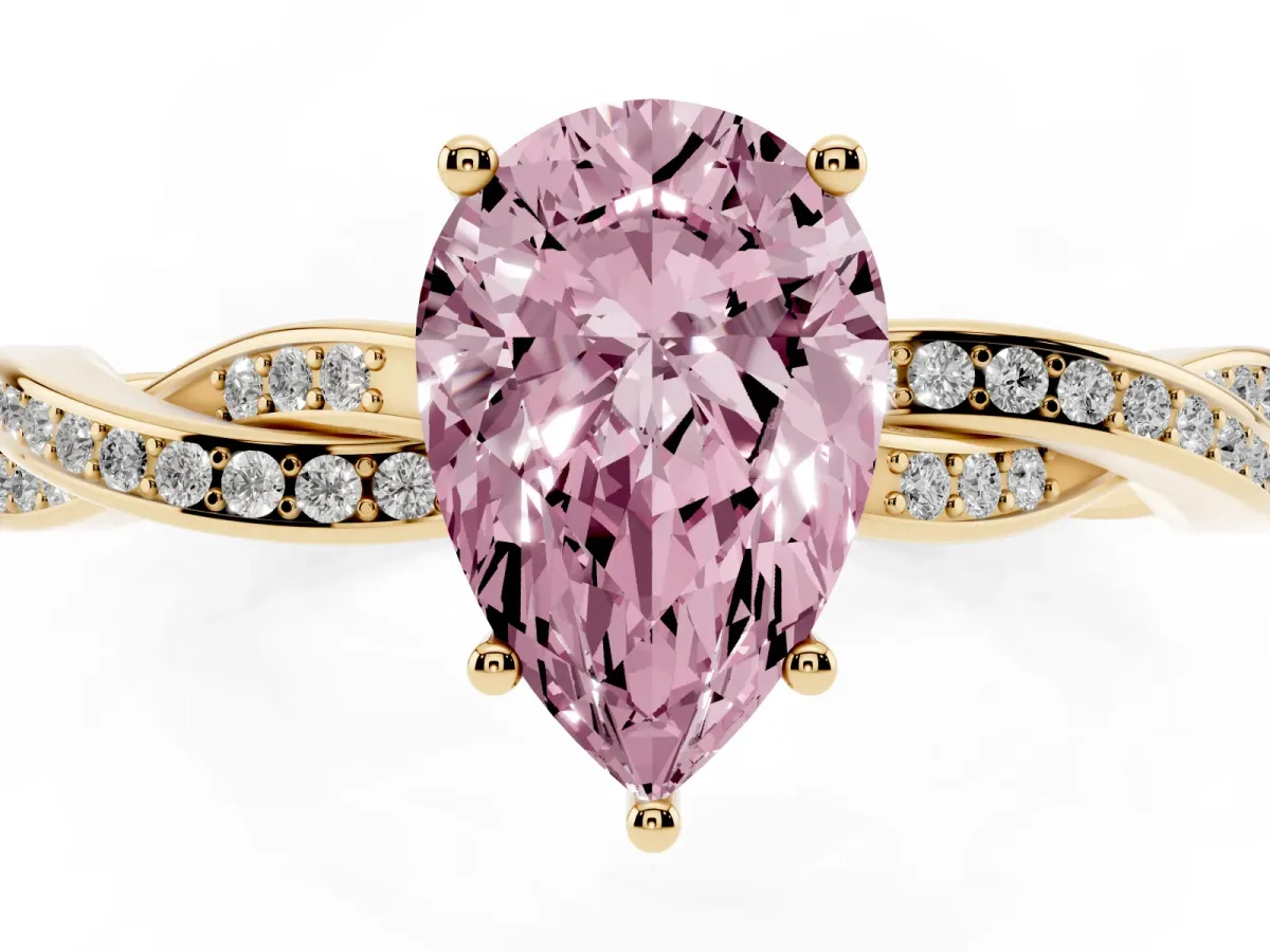 Fancy Pink Pear Cut Solitaire Twisted Pave Diamond Ring with Four-Prong Setting Yellow gold