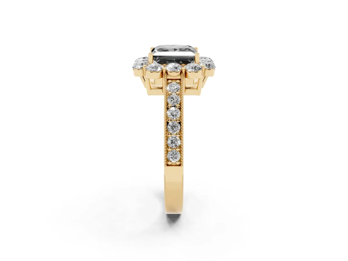 Fancy Black Princess Cut Cut Halo Diamond Pavé Engagement Ring with Milgrain Detailing Yellow gold