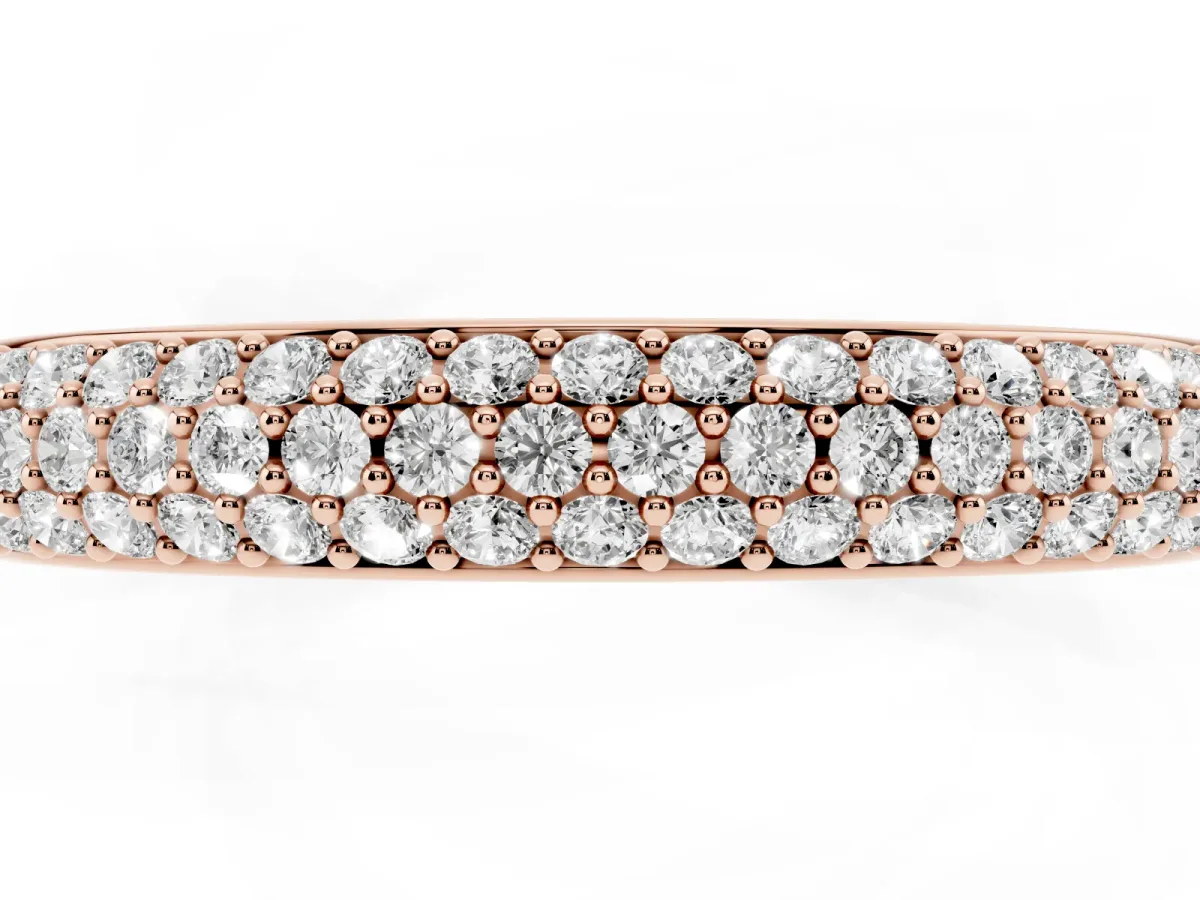Three-Row Pave Round Diamond Eternity Band with Shared Prong Setting Rose gold