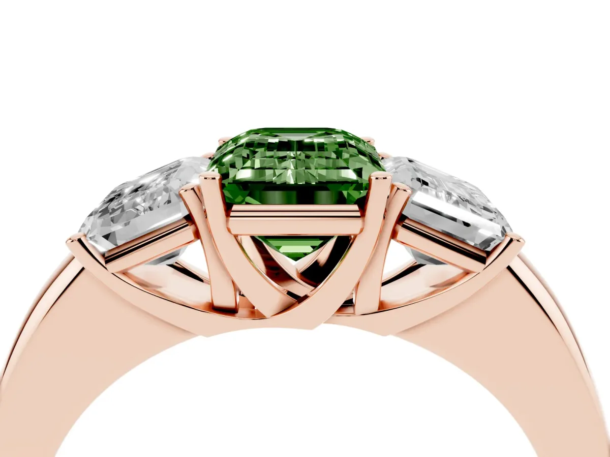 Fancy Green Emerald Cut Diamond Three-Stone Ring with Four-Prong Setting and Classic Band Rose gold