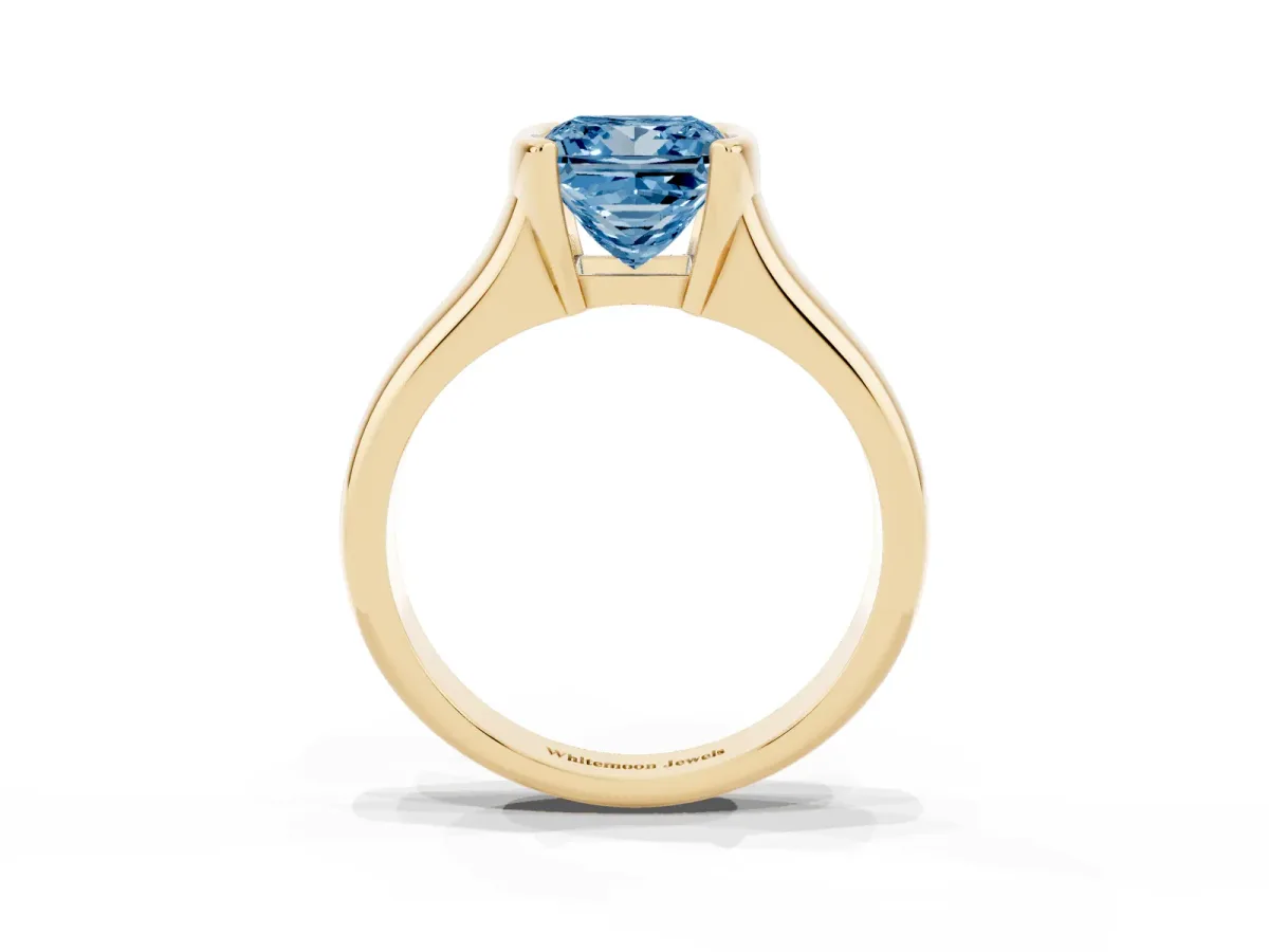 Fancy Blue Princess Cut Solitaire Tension Set Diamond Ring with Split Shank Band Yellow gold
