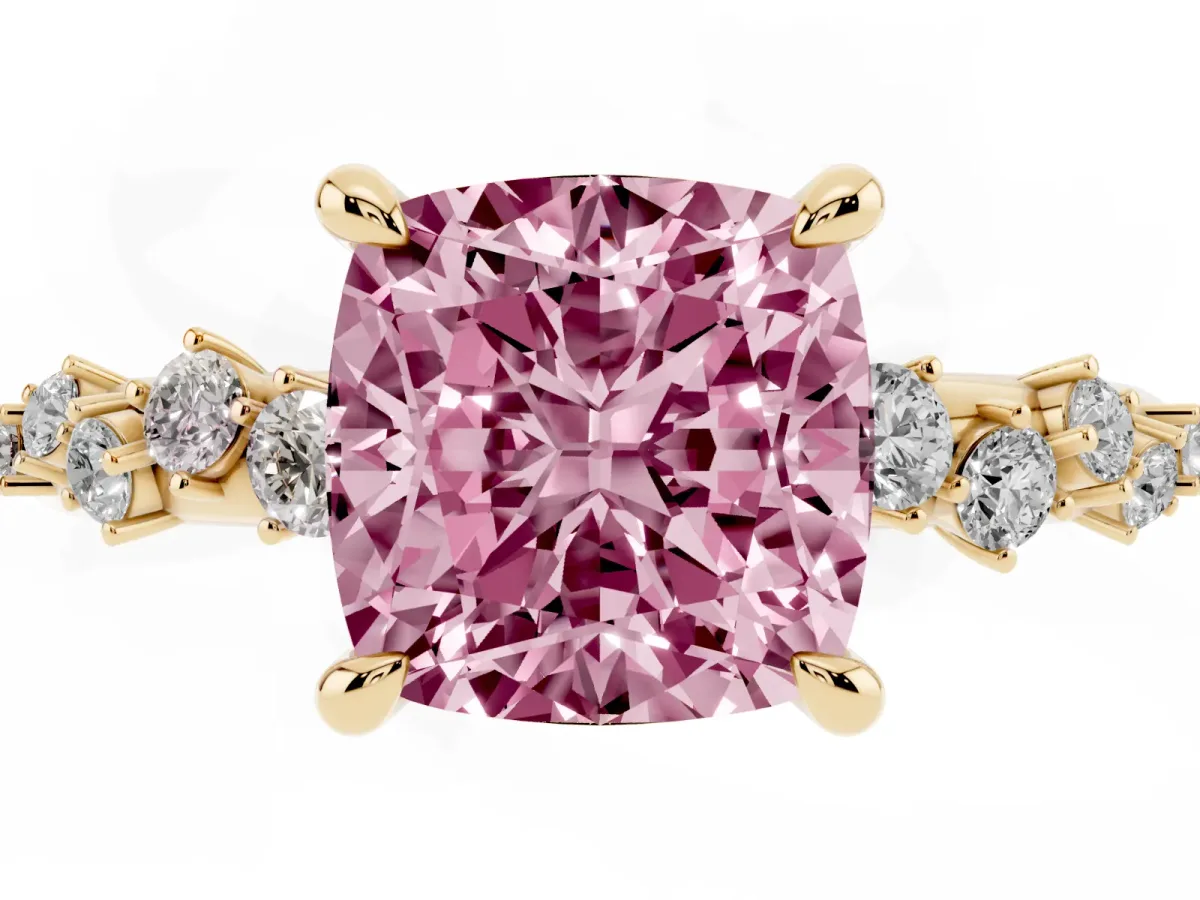 Fancy Pink Cushion Cut Cut Diamond Vine Band with Four-Prong Setting Yellow gold