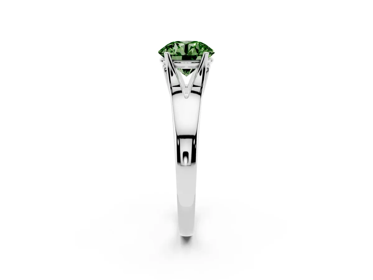 Fancy Green Round Cut Solitaire Diamond Ring with Cathedral Band and Four-Prong Setting Silver